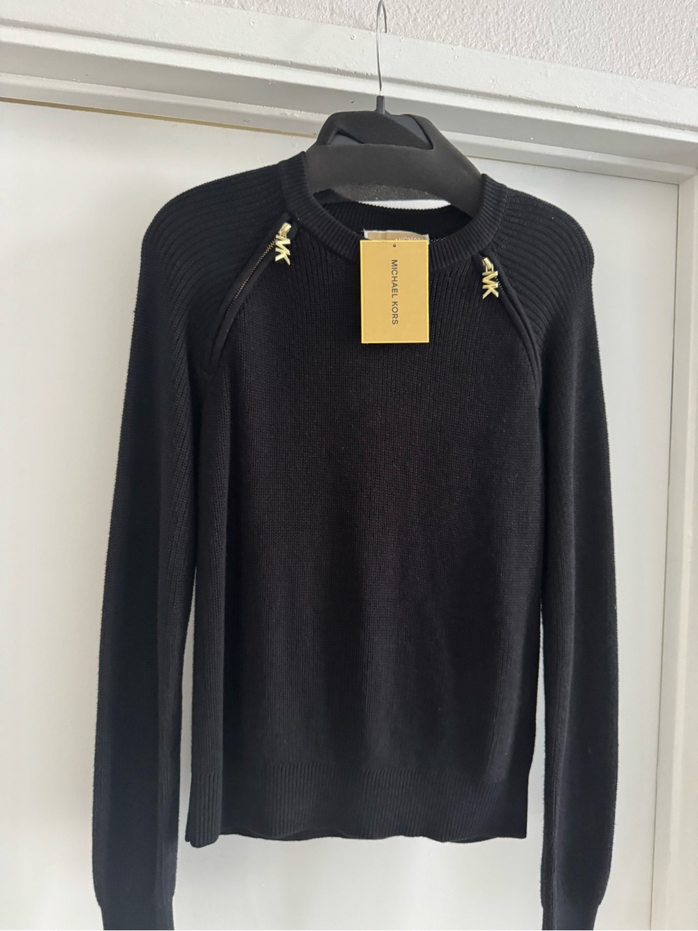 Michael Kors Black Sweater with Gold MK Shoulder Accents